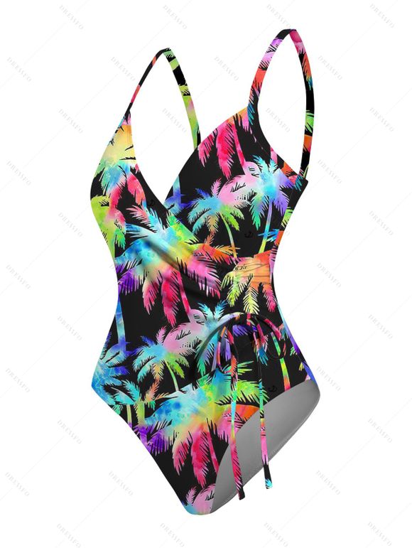 Maillot de Bain Superposé Coloré Noix de Coco et Arbre Imprimés Une Pièce - Noir M | US 6