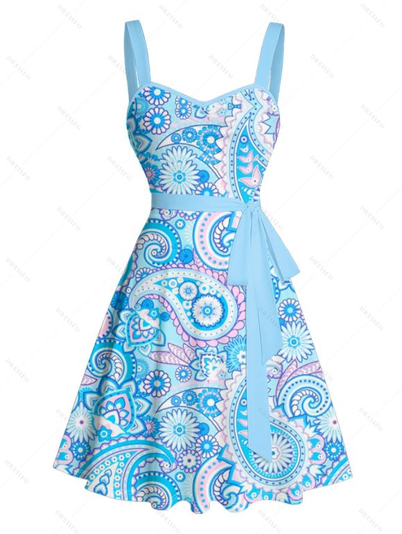 Robe Ligne A Motif de Cachemire sans Manches Ceinture de Vacances - Bleu clair S | US 4