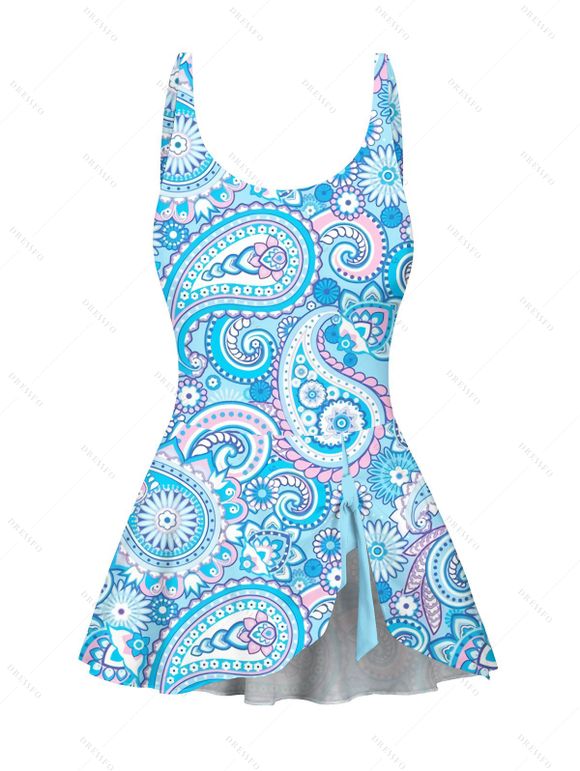 Music Festival Ethnic Style Paisley One Piece Swimsuit Bowknot Adjustable Strap Vacation Swimwear - LIGHT BLUE XXL | US 14