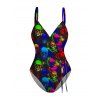 Maillot de Bain Gothique Superposé Papillon Coloré Crâne Imprimés Une-Pièce - Noir S | US 4