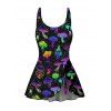 Maillot de Bain 1 Pièce à Coupe Basse Imprimé Champignon Coloré avec Noeud Papillon - Noir S | US 4