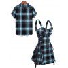 Retro Plaid Print Lace Up Half Zipper Buckle Strap Mini Dress And Short Sleeve Shirt Matching Outfit - Bleu clair S