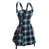 Retro Plaid Print Lace Up Half Zipper Buckle Strap Mini Dress And Short Sleeve Shirt Matching Outfit - Bleu clair S