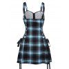 Retro Plaid Print Lace Up Half Zipper Buckle Strap Mini Dress And Short Sleeve Shirt Matching Outfit - Bleu clair S