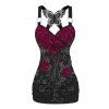 Music Festival Lace Butterfly Rose Pattern Ruched Tank Top and High Waisted Solid Color Flare Pants Gothic Outfit - Noir S | US 4