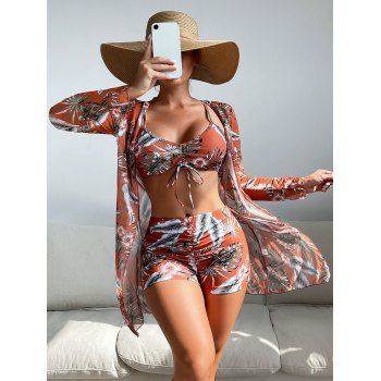 Vacation Bikini Swimsuit Colored Printed Cinched Boyshorts Sheer Cover-up Three Piece Bikini Set