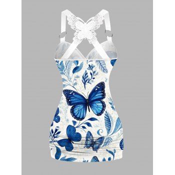 Blue Butterfly Floral Print Butterfly Embroidery Shrunken Circle Shoulder Strap Tank Top 