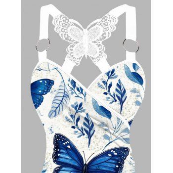 Blue Butterfly Floral Print Butterfly Embroidery Shrunken Circle Shoulder Strap Tank Top 