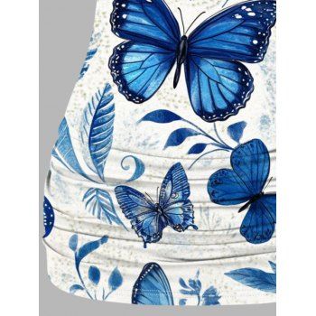 Blue Butterfly Floral Print Butterfly Embroidery Shrunken Circle Shoulder Strap Tank Top