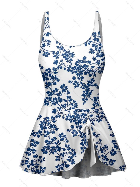 Vacation style floral pattern print  one-piece swimsuit - DEEP BLUE XXL | US 14