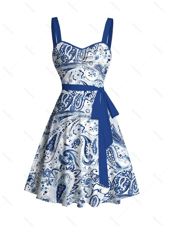 Robe Moulante Motif de Cachemire Imprimé à Epaule Ficelle - Bleu S | US 4