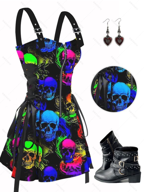 Gothic Colorful skull Print Lace Up Mini Dress Half Zipper Adjustable Buckle Strap Dress with Earrings and Shoes - Noir S | US 4