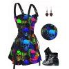 Gothic Colorful skull Print Lace Up Mini Dress Half Zipper Adjustable Buckle Strap Dress with Earrings and Shoes - Noir S | US 4