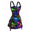 Gothic Colorful skull Print Lace Up Mini Dress Half Zipper Adjustable Buckle Strap Dress with Earrings and Shoes - Noir S | US 4