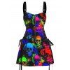 Gothic Colorful skull Print Lace Up Mini Dress Half Zipper Adjustable Buckle Strap Dress with Earrings and Shoes - Noir S | US 4