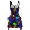 Gothic Colorful skull Print Lace Up Mini Dress Half Zipper Adjustable Buckle Strap Dress with Earrings and Shoes - Noir S | US 4