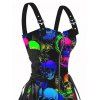 Gothic Colorful skull Print Lace Up Mini Dress Half Zipper Adjustable Buckle Strap Dress with Earrings and Shoes - Noir S | US 4