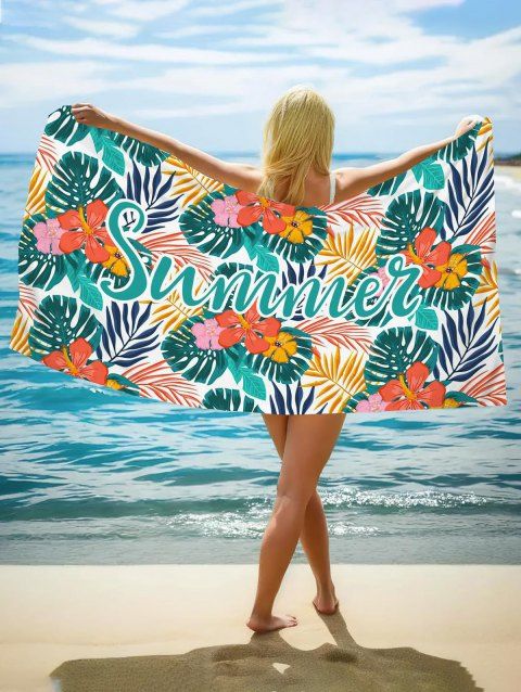 Serviette de Plage de Vacances en Forme de Rectangle à Imprimé Feuilles et Fleurs Tropicales