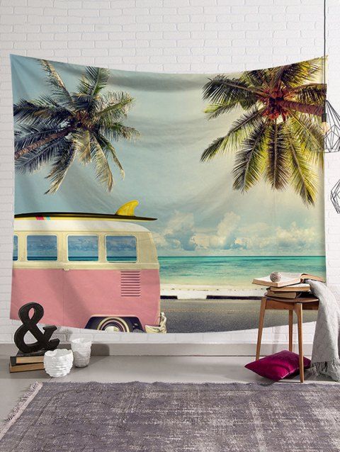 Tapisserie Murale Tendance Motif Bus et Cocotiers pour la Plage