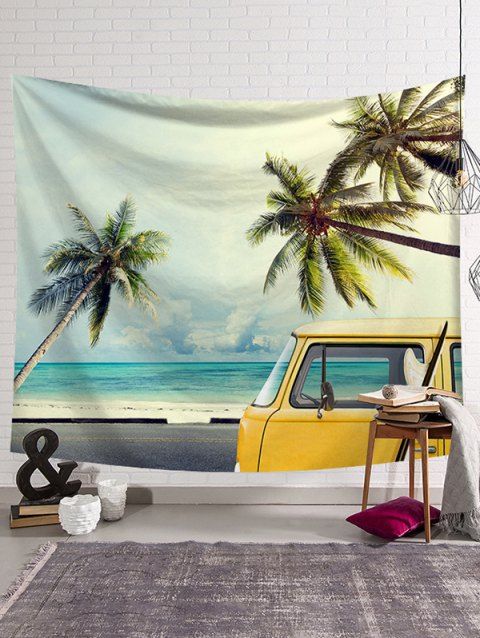 Tapisserie Murale Tendance Motif Bus et Cocotiers pour la Plage
