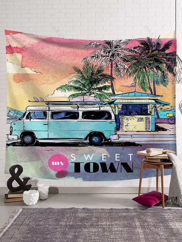 Tapisserie Murale Tendance Motif Bus et Cocotiers pour la Plage - multicolor E 