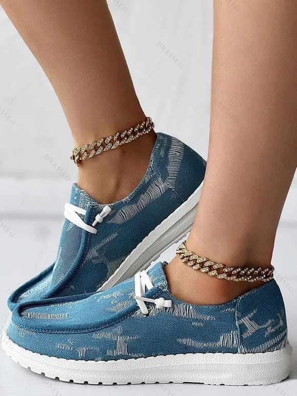 Ripped Slip On Canvas Shoes Distressed Casual Flat Shoes - Bleu EU 37