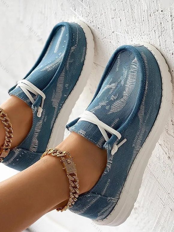 Ripped Slip On Canvas Shoes Distressed Casual Flat Shoes - Bleu EU 37