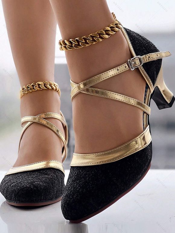 Contrast Color Crossover Party Sandals Buckle Strap High Heel Trendy Sandals - Noir EU 36