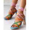 Square Toe Colorful Lace Up Sandals High Heel Trendy Sandals - multicolor A EU 42