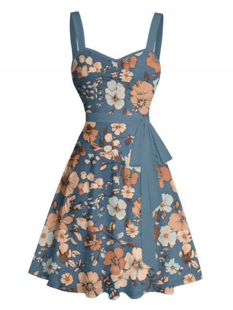 Floral Pattern Sweetheart Neck Ruched Bust Vintage Dress Sleeveless A Line Belt Vacation Dress
