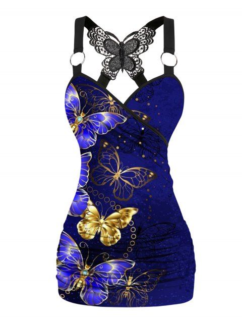 Butterfly Print Gothic Tank Top Lace Surplice Crossover O Ring Strap Ruched Top