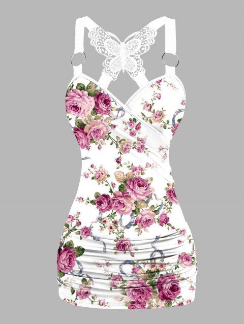 Allover Floral Print Vacation Tank Top Butterfly Lace Surplice Crossover O Ring Strap Ruched Top