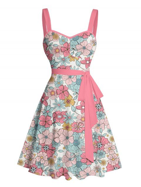 Allover Floral Pattern Ruched Bust Vintage Dress Sweetheart Neck Sleeveless A Line Belt Vacation Dress