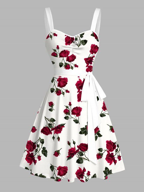 Rose Pattern Vacation Dress Ruched Bust Sweetheart Neck Sleeveless Belt A Line Dress