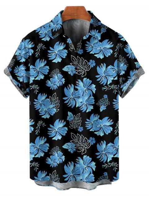 Tropical Flower Leaf Print Hawaii Vacation Short Sleeve Shirt