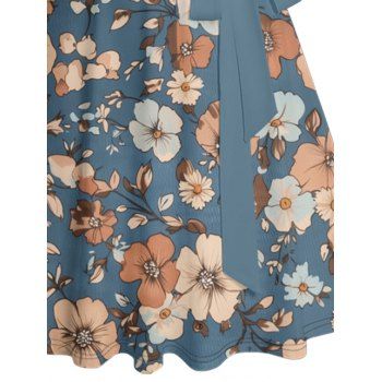 Floral Pattern Sweetheart Neck Ruched Bust Vintage Dress Sleeveless A Line Belt Vacation Dress