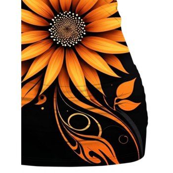 Sunflower Print Vacation Tank Top Butterfly Lace Surplice Crossover O Ring Strap Ruched Top