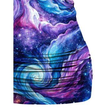 Galaxy Print Vacation Tank Top Butterfly Lace Surplice Crossover O Ring Strap Ruched Top