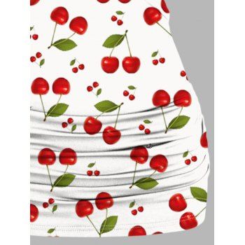 Allover Fruit Print Vacation Tank Top Butterfly Lace Surplice Crossover O Ring Strap Ruched Top