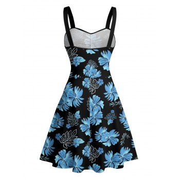 Tropical Flower Leaf Print Hawaii Vacation Belted Ruched Bust Mini Dress 