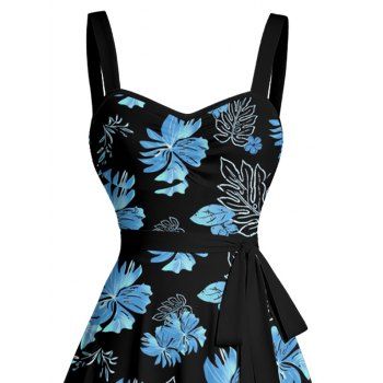 Tropical Flower Leaf Print Hawaii Vacation Belted Ruched Bust Mini Dress 