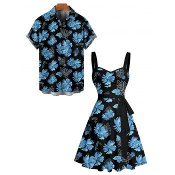 Tropical Flower Leaf Print Hawaii Vacation Belted Mini Dress And Short Sleeve Shirt Matching Outfit