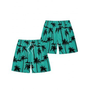 Vacation Style Palm Tree Printed Strapless Dress with Mens Short Sleeve Shirt and Mens Beach Pants Three Piece Set