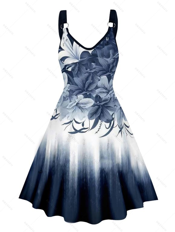 Robe Ligne A Ombrée Motif Fleuri sans Manches à Bretelle - Bleu de Minuit XXL | US 14