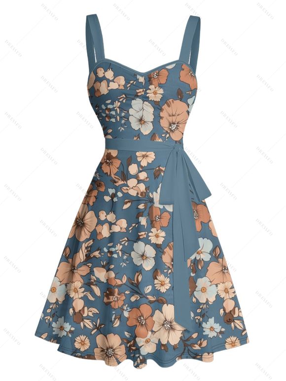 Robe de Vacances Ligne A Vintage Fleurie sans Manches à Volants - Bleu gris S | US 4