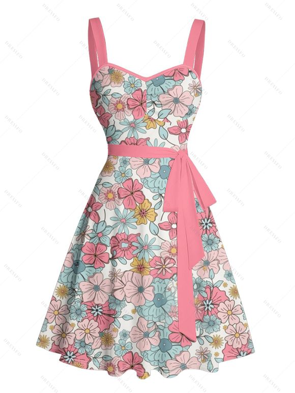 Robe Ligne A Vintage Fleurie sans Manches à Volants - Rose clair S | US 4