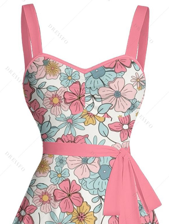 Robe Ligne A Vintage Fleurie sans Manches à Volants - Rose clair XXL | US 14