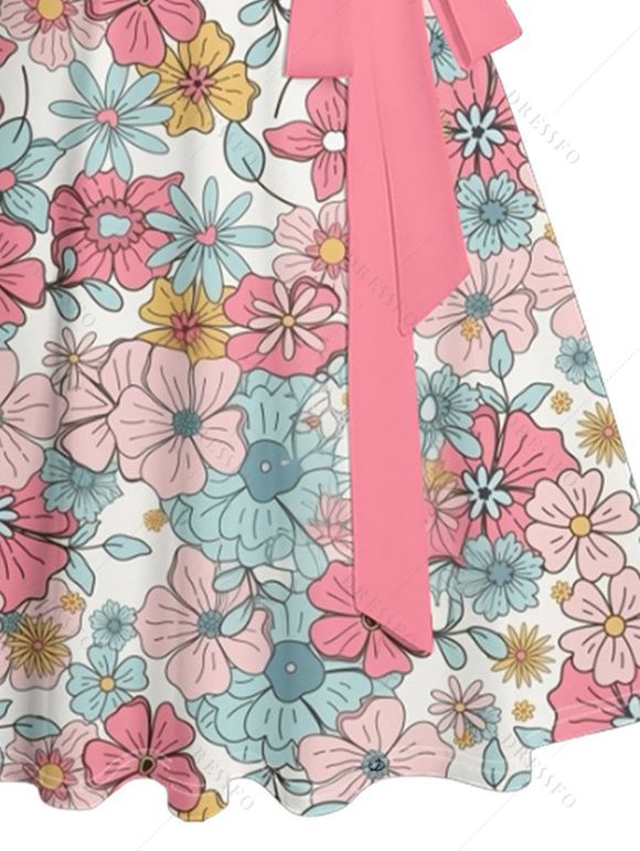 Robe Ligne A Vintage Fleurie sans Manches à Volants - Rose clair XXL | US 14