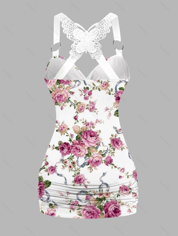Débardeur de Vacances Papillon Fleuri Imprimé Croisé Superposé en Dentelle à Volants - Blanc XL | US 12