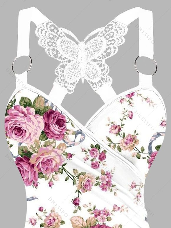 Débardeur de Vacances Papillon Fleuri Imprimé Croisé Superposé en Dentelle à Volants - Blanc XL | US 12